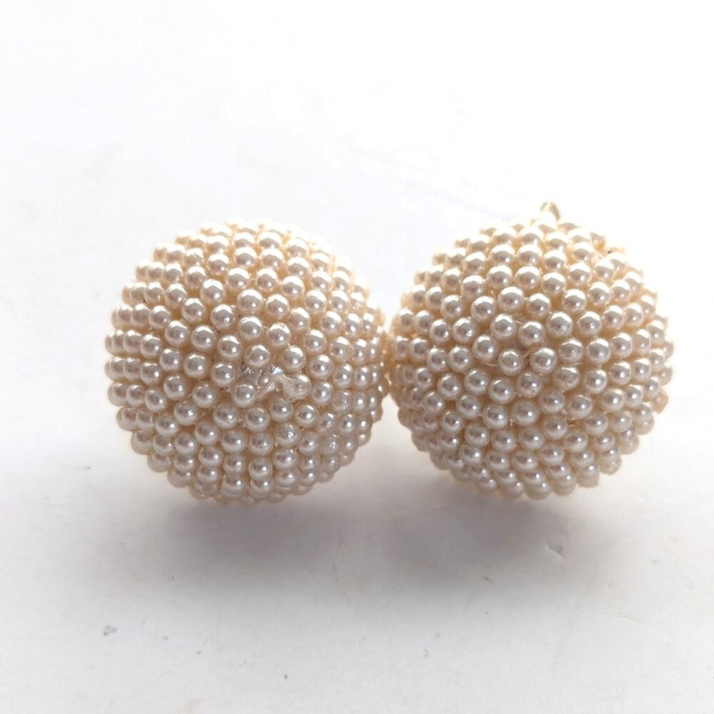 Vintage Signed Marvella Faux Seed Pearl Cluster Button Style Clip On Earrings